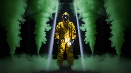 Man in Gas Mask and Hazmat Suit in Neon-Lit Foggy Environment