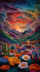 Vibrant Fantasy Landscape with Colorful Cacti and Dramatic Sunset