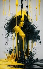 Abstract Art of Woman Emerging from Black and Yellow Paint Splashes