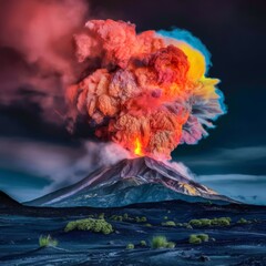  Surreal Volcanic Eruption with Vibrant Multicolored Ash Cloud