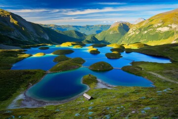Stunning Blue Lake with Green Islands in Mountain Valley: Pristine Natural Beauty