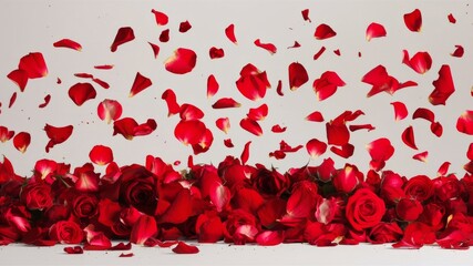 Red Rose Petals Falling Over Fresh Roses in a Romantic Floral Display