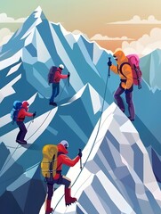 A group of four people are climbing a mountain