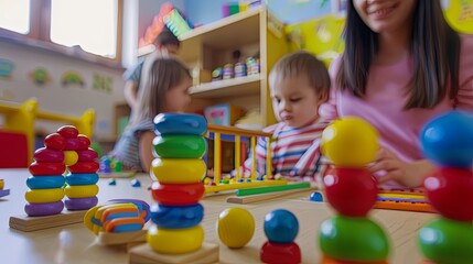Colorful Toys and Children in Playroom.
