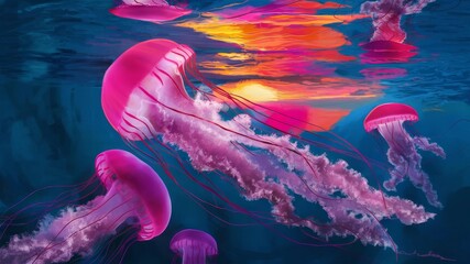 Vibrant Pink Jellyfish Underwater at Sunset - Marine Life Beauty