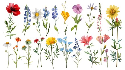 Fototapeta premium Vibrant Botanical Showcasing Variety of Blooming Wildflowers and Plants in Natural Setting