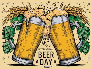 Celebrating International Beer Day with Clinking Mugs and Hop Illustrations