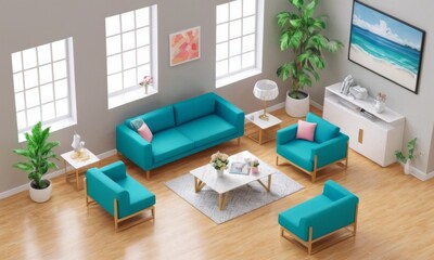 Naklejka premium 3D Render of Modern Living Room with Teal Sofas and Vibrant Decor