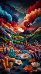 Vibrant Fantasy Landscape with Colorful Cacti and Dramatic Sunset