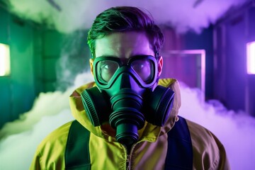 Man in Gas Mask and Hazmat Suit in Neon-Lit Foggy Environment