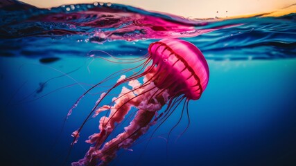 Vibrant Pink Jellyfish Underwater at Sunset - Marine Life Beauty