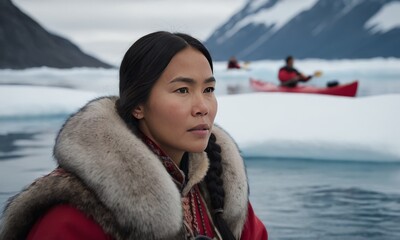 Inuit Woman in Traditional Fur Clothing Kayaking Among Arctic Icebergs