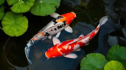 Colorful Koi Fish Swimming Amongst Lily Pads in Serene Pond