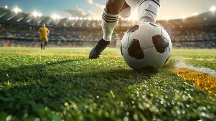 Close-up of soccer players foot in cleats kicking ball during intense football game on field