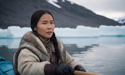 Inuit Woman in Traditional Fur Clothing Kayaking Among Arctic Icebergs