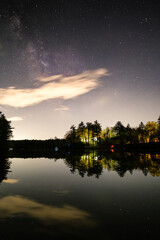The night sky reflected in the calm, mirror like water of a forested lake. The Milky Way Galaxy is...