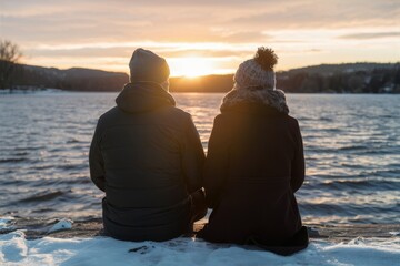 Couple in Winter Clothing Sitting by a Lake Watching the Sunset