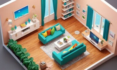 3D Render of Modern Living Room with Teal Sofas and Vibrant Decor
