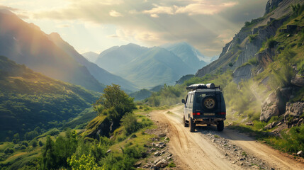 A van drives along a dirt road through a lush mountainous landscape with sunlight streaming through the clouds, highlighting the verdant scenery and rugged terrain. - Powered by Adobe