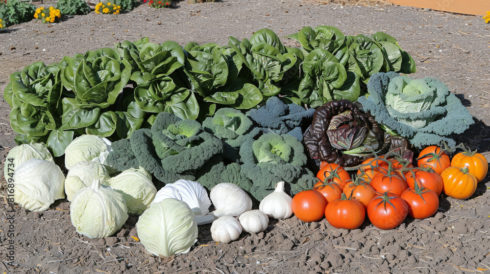 Poster a variety of fresh vegetables are meticulously arranged in neat rows in a well-tended garden. the vi
