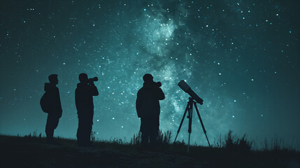 Fototapeta premium A mystical image of young adults using telescopes to observe the stars