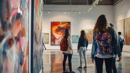 An explorative image of young adults engaging with contemporary art pieces