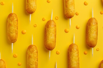 Pattern of corn dogs with cheese dots on a vibrant yellow backdrop