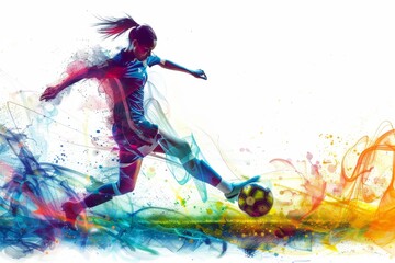 Vibrant watercolor effects in dynamic artwork featuring a female soccer player against a white backdrop