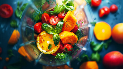 A close-up of a blender filled with fresh fruits and vegetables, including orange slices, cherry tomatoes, strawberries, basil leaves, and other vibrant ingredients.