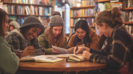 An intimate and warm illustration of diverse young adults brainstorming and writing together