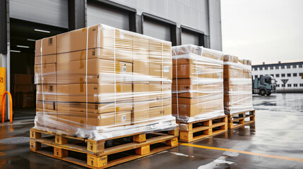 Large stacks of cardboard boxes wrapped in plastic on wooden pallets outside a warehouse, indicating logistics and distribution operations.