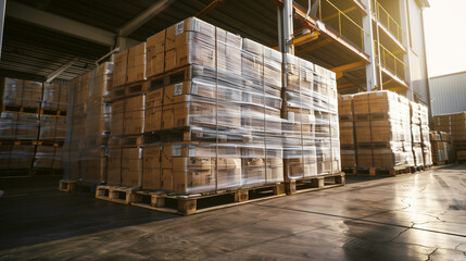 Stacked pallets with wrapped cardboard boxes in an industrial warehouse setting, indicating logistics and storage management in a well-organized distribution center.
