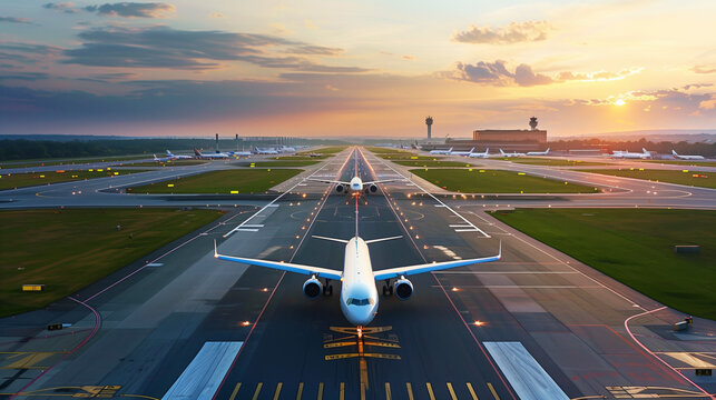 Modern airport runway at sunset with multiple airplanes positioned for takeoff, vibrant sky, and control tower in the background, conveying aviation and travel themes.