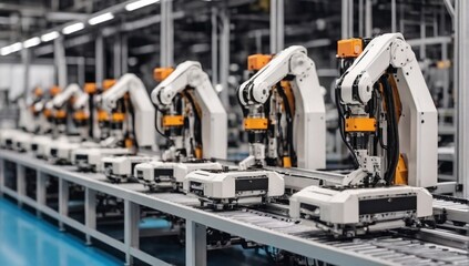 White Robot Arms on Automated EV Battery Components Production Line. Electric Car Battery Pack Manufacturing Process. Conveyor Belt on a Modern Factory.
