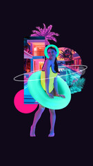 Contemporary art collage. Young lady in swimwear posing with vibrant lifebuoy against black background. Concept of summer vibe, party, Friday mood, music and dance. Abstract neon elements.