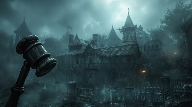 A gothicstyle gavel and dark, eerie houses, with a moody and dramatic atmosphere - Powered by Adobe