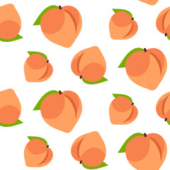 A pattern of whole colored peaches. Delicate colors, detailed texture, realistic shading of fruits with leaves. Vector illustration in a pair. Colored delicate fruits seamless pattern