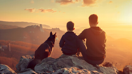 Obraz premium Father and son along with their pet stand on a mountain peak, gazing at the sunset, symbolizing education and life lessons.