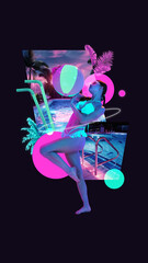 Contemporary art collage. Woman enjoying dreamy night by pool against black background. Tropical nights. Concept of summer vibe, party, Friday mood, music and dance. Abstract neon elements.