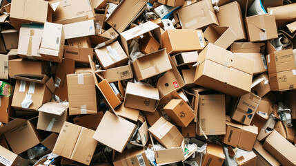 A large pile of empty, used cardboard boxes, some with shipping labels and tape, scattered randomly, creating a sense of post-delivery clutter.