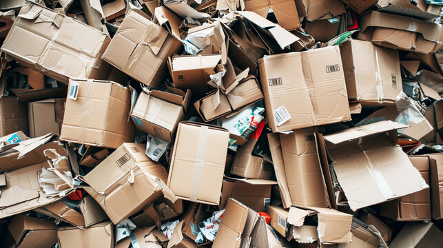 A large pile of discarded and damaged cardboard boxes, showing the aftermath of unpacking or shipping. Some boxes are torn and have visible labels.