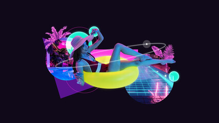 Contemporary art collage. Retro pool party. Woman swimming in yellow float against black background. Concept of summer vibe, party, Friday mood, music and dance. Abstract neon elements.