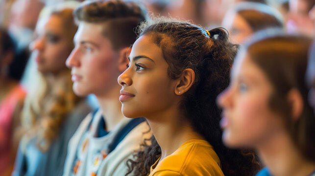 An illustration of young people listening to a speaker at a forum