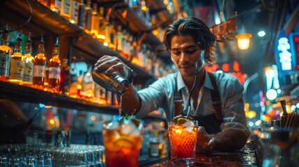 Bartender expertly crafts a unique cocktail in a neonlit bar, demonstrating mixology expertise