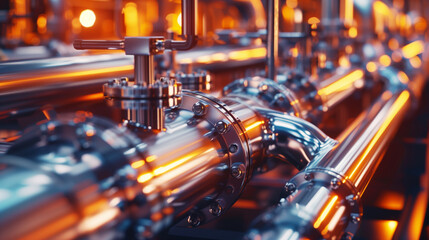 Fototapeta premium Close-up of industrial metallic pipelines with valves, illuminated by warm light, showcasing a modern and efficient network system in a factory or power plant.