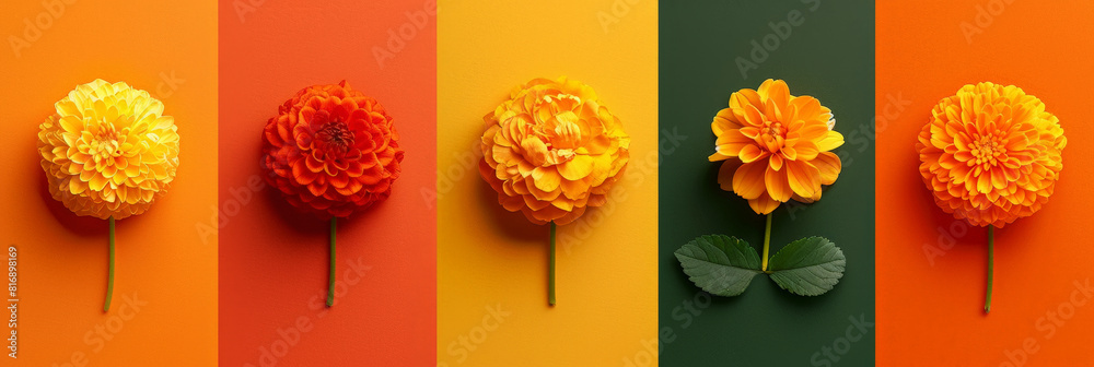 Aufkleber a neat row of marigold orange and yellow flowers stands out against a lush green background. the flo