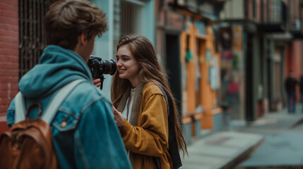 Fototapeta premium A stylish image of young people photographing each other