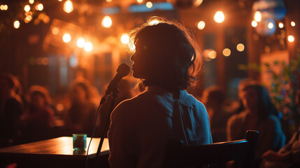 expressive image of a young person performing poetry with a captivated audience
