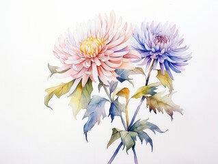 Two watercolor chrysanthemums, one pink and one purple, with green leaves on a white background.