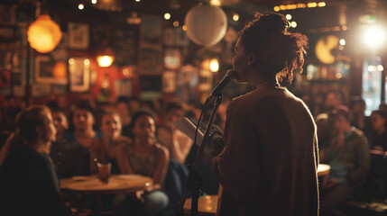 expressive image of a young person performing poetry with a captivated audience
